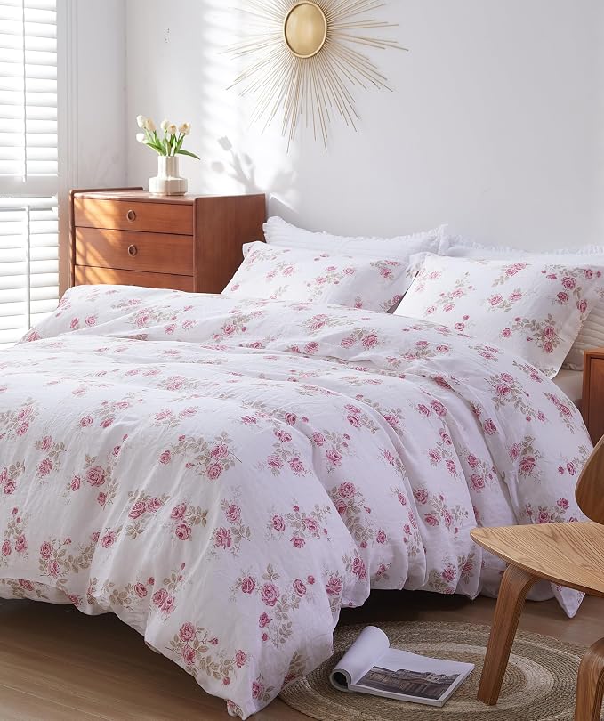 100% French Flax Linen Duvet Cover Set Queen Size, 3pcs Comforter Digital Botanical Printed Rose Farmhouse Floral Bedding with Button Closure and 8 Corner Ties(Pink Rose, Queen)