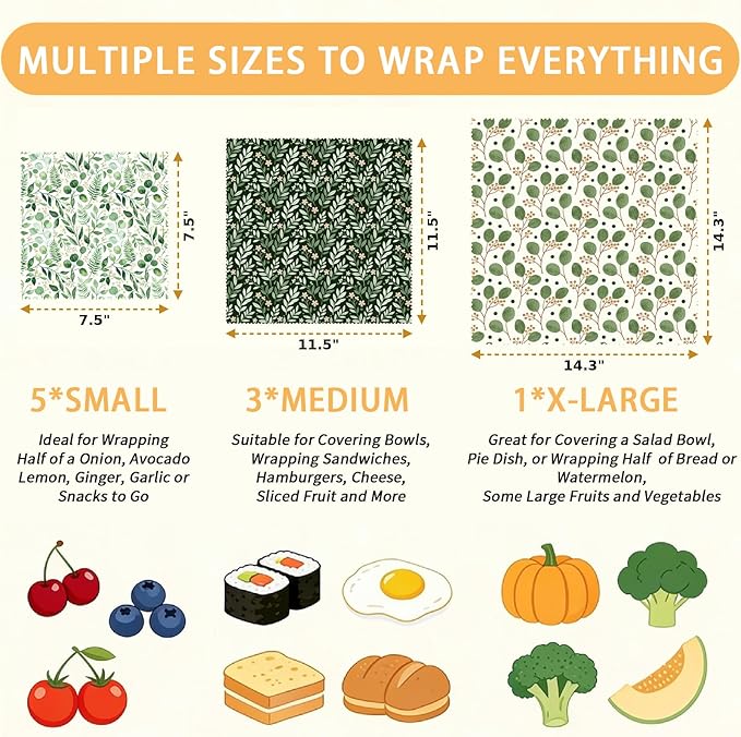 Reusable Beeswax Wraps, 9 Pack Eco-Friendly Food Storage, Organic, Sustainable, Biodegradable, Zero Waste, Plastic-Free, For Sandwich, Bowl, Bread, 1XL, 3M, 5S, Botanical Leaves Pattern