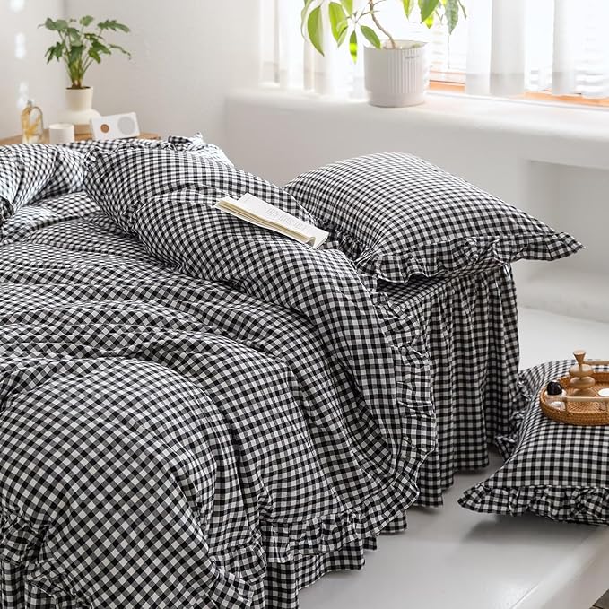 mixinni Black White Gingham Ruffle Duvet Cover Queen Size 3 Pieces – 100% Washed Cotton, Vintage Plaid Ruffled Bedding Set with Zipper Ties, Soft Checkered Grid Farmhouse Chic Comforter Cover Set