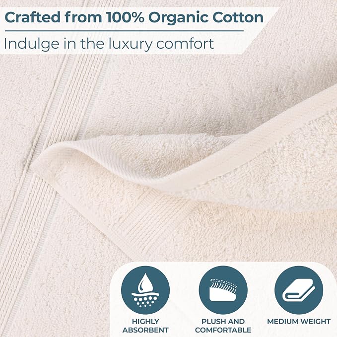 Superior 100% Organic Cotton 3-Piece Towel Set, Includes 1 Bath Towel, 1 Hand Towel, 1 Face Towel/Washcloth, Daily Use, Bathroom, Guest Bath, Absorbent, Home Essentials, Oregon Collection, Ivory