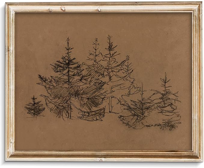 Vodefoad Vintage Xmas Pine Tree Sketch Print Classical Naturalist Tree Landscape Print Painting Moody Christmas Farmhouse Wall Art Minimalist Mid Century Wall Art Painting Picture Aesthetic for Bedroom Bathroom Living Room Office Winter Decor - 8x10Inc...