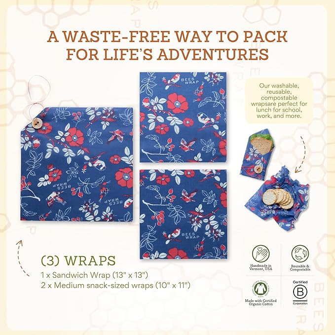 Bee's Wrap Beeswax Wraps for Food - 3 Pack of Assorted Beeswax Wraps - 2 Medium & Sandwich Wrap - Plastic Free Made in USA Reusable Natural Food Wrap - Botanical