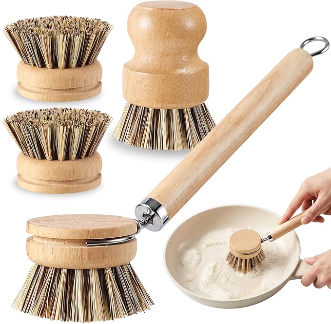 5 Pcs Bamboo Wood Dish Brush Set Includes 1 Wooden Handle with 3 Natural Replaceable Bristle Heads and 1 Handheld Bamboo Wok Brush Scrubber for Dishes Pans Pots Fruit and Veggie Washing(Style C)