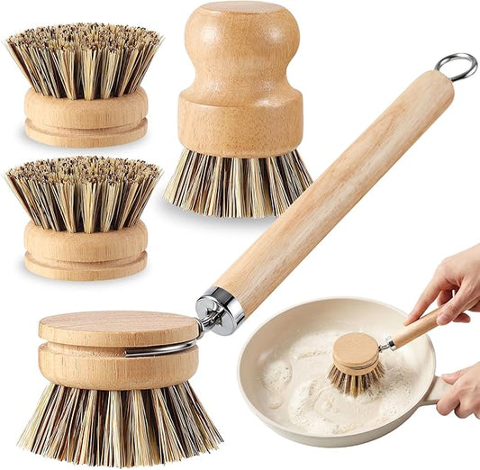 5 Pcs Bamboo Wood Dish Brush Set Includes 1 Wooden Handle with 3 Natural Replaceable Bristle Heads and 1 Handheld Bamboo Wok Brush Scrubber for Dishes Pans Pots Fruit and Veggie Washing(Style C)