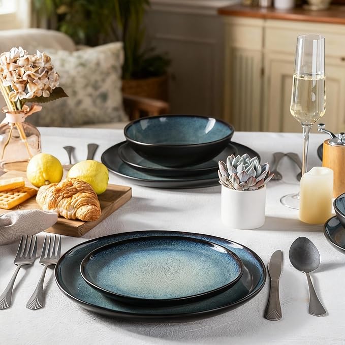 AmorArc Ceramic Dinnerware Sets,Handmade Reactive Glaze Stoneware Plates and Bowls Sets,Highly Scratch Resistant | Dishwasher & Microwave Safe Dishes Set,Service for 4 (12pc)