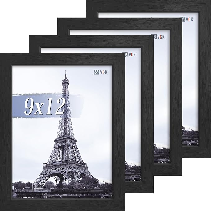 VCK 9x12 Frame Black - 4 Pack, Gallery-Quality Wood Picture Frames, 1.1-Inch Wide Border, Polished Plexiglass, Vertical or Horizontal Wall & Tabletop