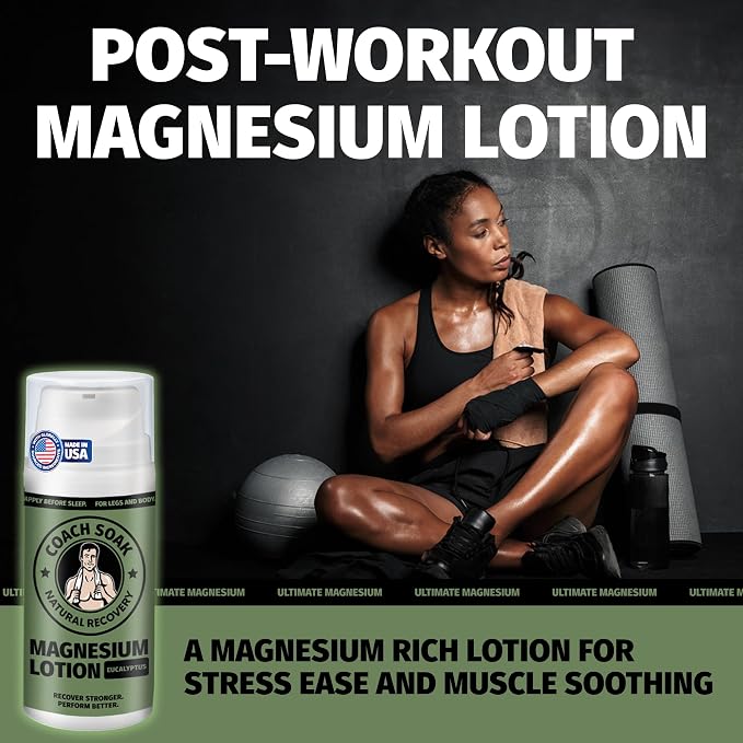 Coach Soak Magnesium Lotion with MSM & Menthol, Eucalyptus 3.4oz | Magnesium Chloride Non-Greasy Alternative to Epsom Salt Lotion and Cream - Apply Before Sleep for Feet, Leg Cramps & Body