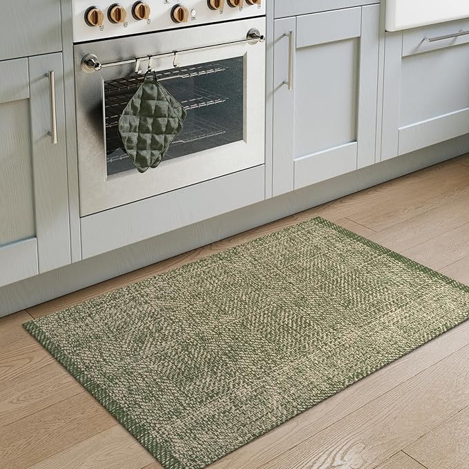 LEEVAN Washable Bathroom Rug, 2'x3' Low Profile Entryway Rugs Front Door Mat Cotton Reversible Kitchen Mat Boho Bedroom Rug Farmhouse Carpet for Foyer Front Porch Decor(Olive Green&Natural)