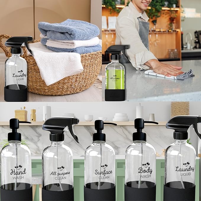EKOH 2 Pack Glass Countertop Soap Dispensers - Refillable & Reusable with Silicone Protective Base and Preprinted Labels - for Kitchen and Bathroom (Clear)