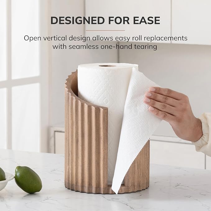 Anji Mountain Wooden Paper Towel Holder with Iron Holder, Holder Stand for Kitchen Roll Organizer & Kitchen Dining Table Home Décor, Countertop Fits Jumbo & Mega Rolls - Biscotti/Nickel, Fluted