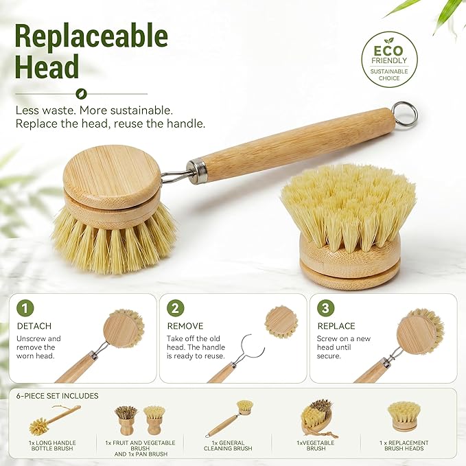 DEBETOOL 6-Piece Bamboo Dish Brush Set - Natural Dish Scrubber with Bottle & Vegetable Brush, Palm & Sisal Bristles, Wooden Dish Brushes for Kitchen Cleaning Pots, Pans, Bottles, Vegetables
