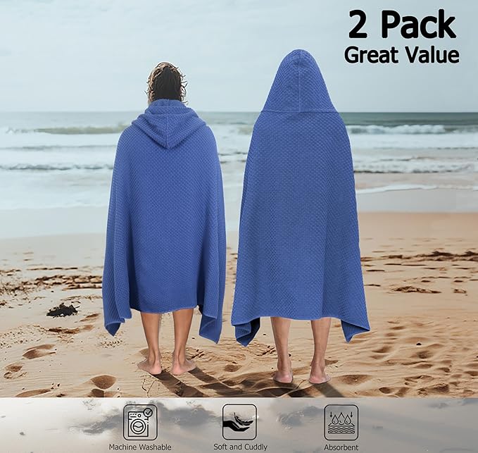 COTTON CRAFT Hooded Bath Towel – 2 Pack Oversized 35x70 Waffle Weave Towel with Hood for Adults - 100% Ringspun Cotton Pool Bath Sheet Wrap with Hood - Soft Super Absorbent Quick Dry – 450 GSM – Blue