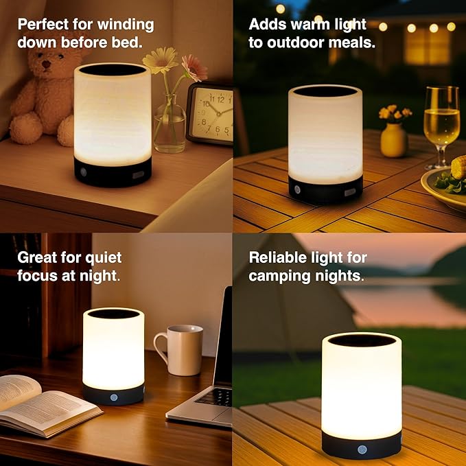 ORIMSBO® Solar Table Lamp, USB & Solar Rechargeable Bedside Night Light, 4 Brightness Levels, IP65 Waterproof, Portable Light for Bedroom, Camping, Patio, Emergency Use