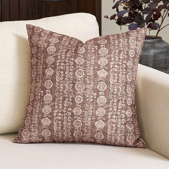 Amor Virisso Vintage Floral Throw Pillow Covers 22x22 Striped Farmhouse Block Print Pillow Coves Boho Neutral Decorative Pillows for Living Room Bed, Brown