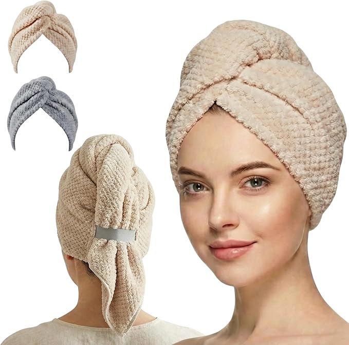 2 Pack Microfiber Hair Towel Wrap for Women 26 x 10 in | Hair Drying Towel with Button | Hair Turban Towel Quick Dry Waffle Coral Fleece Head Towels (Grey + Camel)