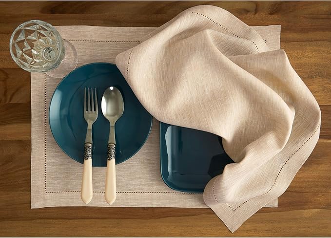 Solino Home Linen Napkins Set of 4 - Hemstitch 100% Pure Linen Champagne Beige Dinner Napkins Cloth 20 x 20 Inch for Summer - Milan, Handcrafted and Machine Washable