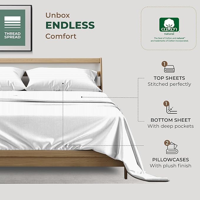 THREAD SPREAD 100% Organic Cotton Sheets Queen Size - Organic Cotton Percale Weave Sheet Set (4 PC, Light Grey Pinstripe), Soft, Cooling, Crisp & Breathable, 16" Deep Pocket Hotel Quality Bedding Set