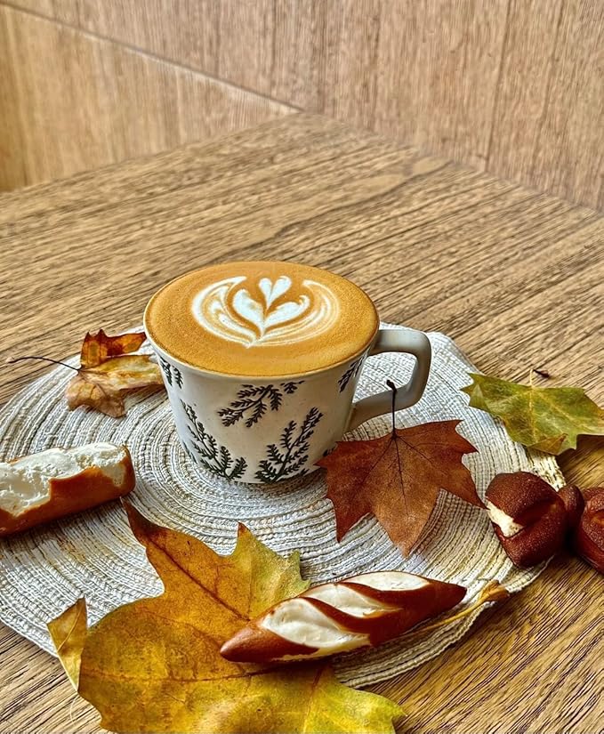 Handmade Ceramic Coffee Mug with Handle for Tea Latte,12 oz. Microwave Dishwasher Cup, Art Gifts Green Plant Leaf Mug, Cup for Coffee, Tea & Hot Chocolate, Cypress Leaves