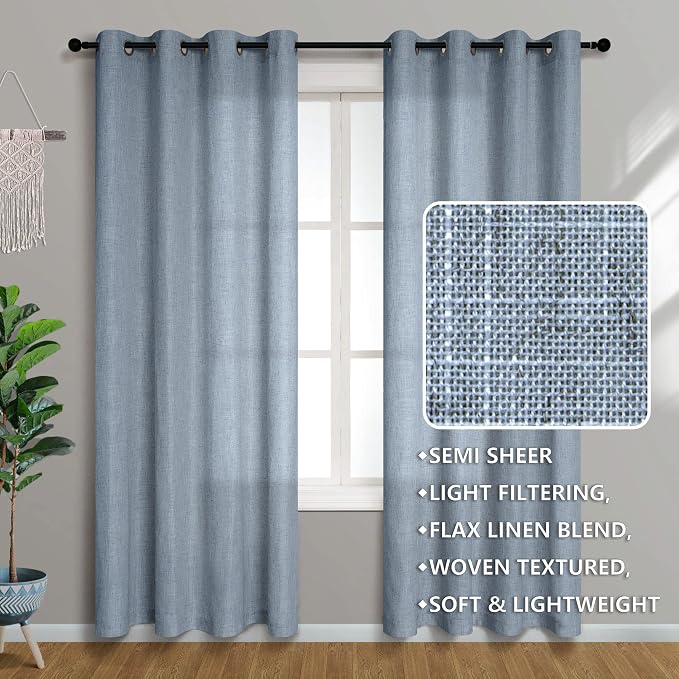 Grey Blue Curtains 84 Inch Length for Living Room 2 Drapery Panels Set Rings Top Semi Blackout Thick Linen Light Thermal Reducing Dusty Blue Sheer Curtains for Bedroom Vintage Country Decor 52x84 Long