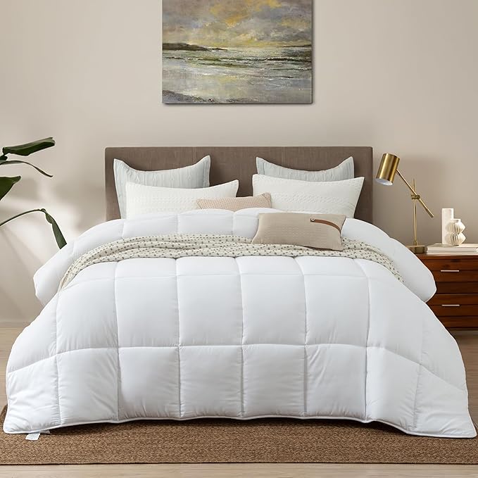 Dorrin Nessin Down Alternative Comforter Super King Size 120x120 All Season Duvet Insert, Ultra Soft Double Brushed Microfiber Quilt Cover, Classic Box Stitched with Corner Tabs, White Color