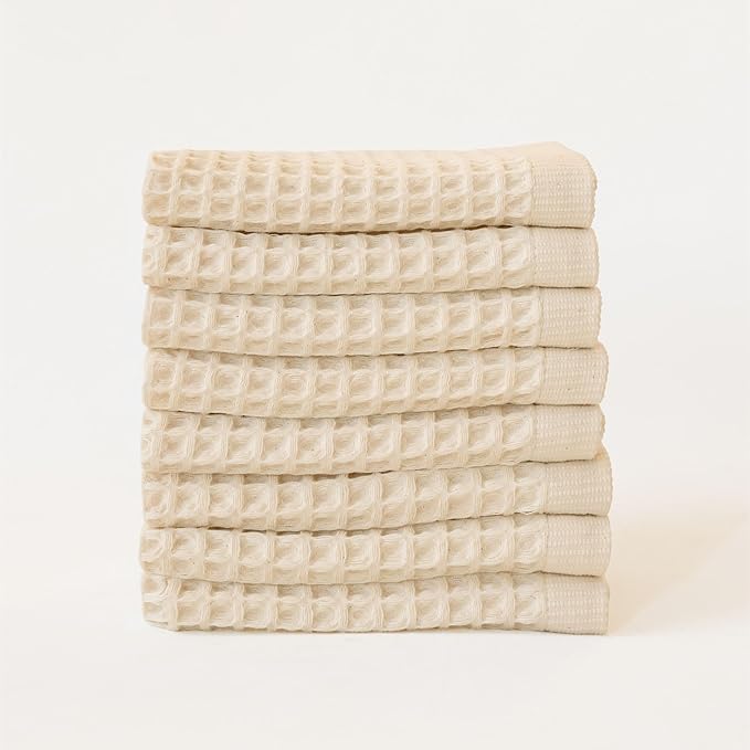 Waffle Washcloths Set of 8 Natural Undyed - Premium Quality 100% Turkish Cotton Face Washcloth, Soft Makeup Towel, Shower Cloth, Kitchen Towel (Natural, Set of 8 Washcloths)