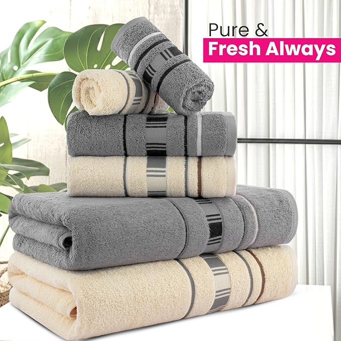 CASA COPENHAGEN X Line 6Pcs 100% Egyptian Cotton Large Designer Towels Gift Set- Silver Grey - Cream, 600 GSM, 2Bath 2Hand 2Washcloths, Bath Towels for Bathroom (Gift Set for Women & Men)
