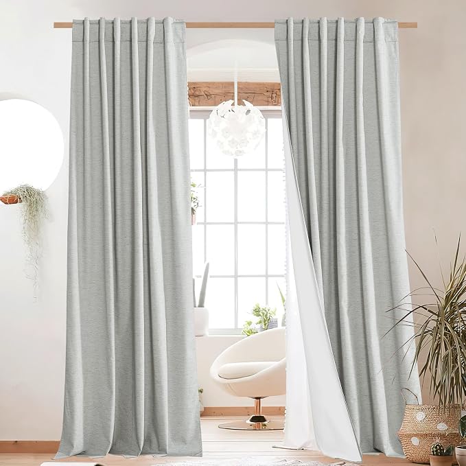 NICETOWN Grey Long Linen Full Shade Panels, Pair of Thermal Insulated & Energy Efficiency Blackout Curtains for Living Room Windows, Lined Silky Performance Window Dressing (52" Wide x 95" Long)