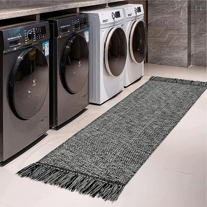 Collive Hallway Runner Rug, 2' x 6' Hand-Woven Reversible Washable , Black Cotton Modern Farmhouse Laundry Room Rug Long Carpet for Bathroom Sink Foyer Bedroom