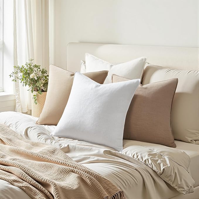 Pack of 4 Neutral Linen Pillow Covers 18x18 Cordinated Color Set for Easy Matching Boho Decorative Throw Cushion Covers with Flange for Sofa Living Room Bed and Balcony Home Decor