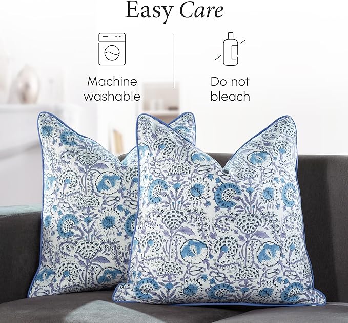 CPC 100% Cotton Throw Pillow Covers 24x24 Inch, Set of 2 Blue Block Print Pattern Couch Pillow, Cute Boho Decorative Pillows for Living Room, Bedroom with Hidden Zipper- Indigo Blue