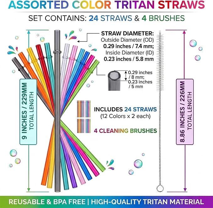 24 Pack Reusable Plastic Straws with 4 Brushes, 9" Tritan Hard Straws | 12 Clear Colors Replacement Straws for 12oz 16oz 20 oz Tumblers, Mason Jars, Stanley, YETI, Starbucks Cups, BPA Free