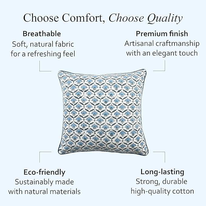 CPC Jeans Blue Block Print Throw Cushion Cover 18 x 18 Inch Set 2 - Decorative Boho Floral Pillow Case for Living Room, Bed, Sofa, Couch, Home Decor Cushion Cover Gift for Spring, Mother's Day