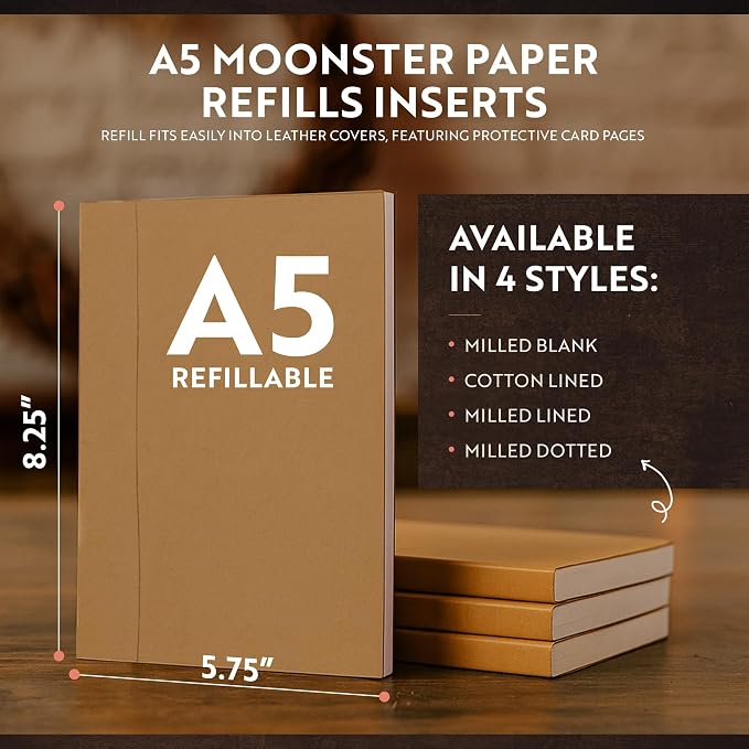 moonster Lined Paper Refill Notebooks for Refillable Leather Journal – Eco Friendly Acid-Free & Tree-Free Recycled Cotton Sheets A5 Ruled Notepad 8.25 x 5.75 Inches w/ 160 Soft Pages & Bookmark