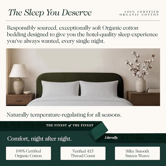 100% Certified Organic Sateen Weave Cotton Sheets Full Size,4Pcs,Light Grey | Luxurious 415 Thread Count, Oeko-Tex Certified, Sateen w/ Hemstitch, 16" Deep Pockets, 360 Double-Elastic & 4 Corner Straps