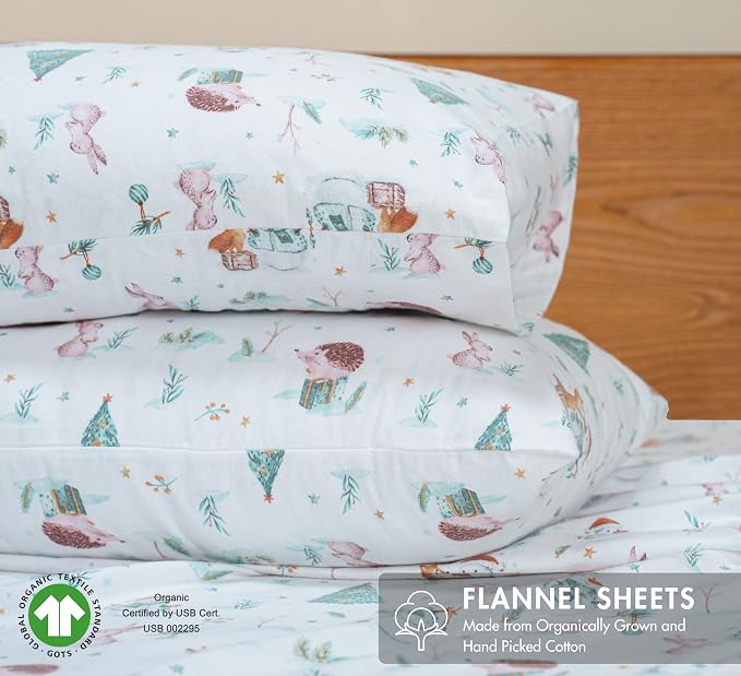 RUVANTI Flannel Sheets King Size - GOTS Certified 100% Organic Cotton, 4 Piece Warm, Soft & Breathable Set, Deep Pocket Snug Fit, Double Brushed Cozy All Season Bedding, Fox N Friends