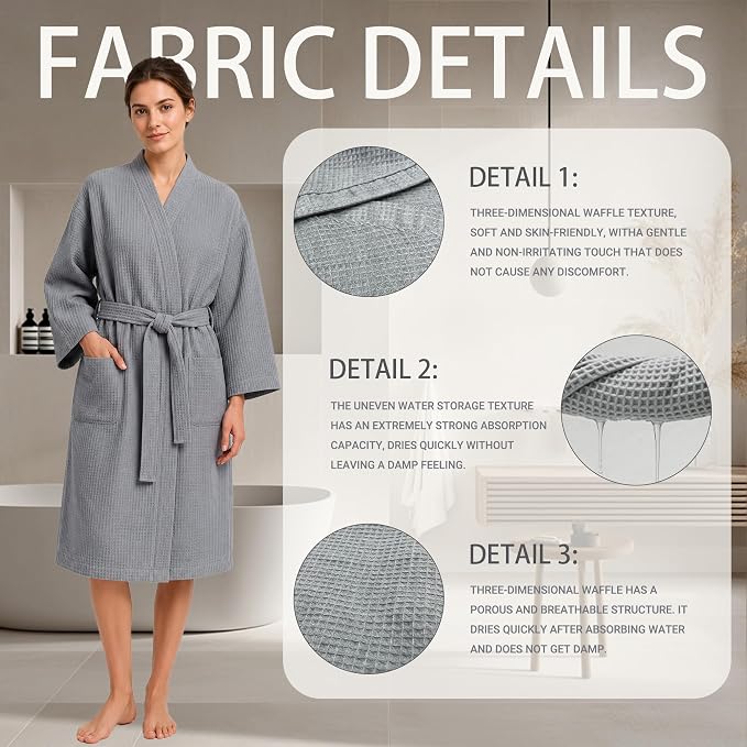 Lightweight Waffle Robe - Soft Cotton Bathrobe Spa Bathrobe for Daily Wear Home & Hotel