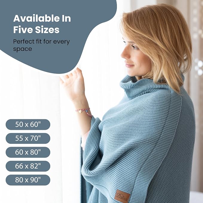 Dalisa 100% Organic Turkish Cotton Throw Blanket - GOTS Certified, Cozy - Perfect for Couch, Bed, and Home Decor - Boho Vintage Knit Alina (Smoke Blue, 80x90)