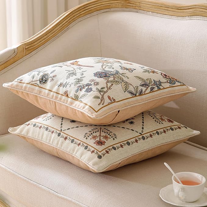 ISAENNE Design Square Floral Linen Throw Pillow Covers 18"x18" Pack of 2, Yellow Pink Flower Pattern Cushion Covers Decor Pillowcases for Bed,Living Room,Outdoor,Car