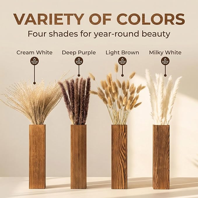 4-Piece Wooden Hanging Wall Vase Set with Pampas Grass and Eucalyptus Dried Flowers, Modern Farmhouse Home Decor for Living Room Entryway Bathroom Hallway Dining Room（Walnut）