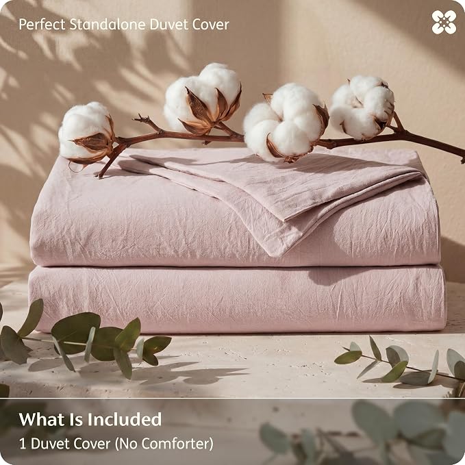 Bedsure Duvet Cover Queen Size - 100% Washed Cotton, Linen-Like Minimalist Bedding - PureWoven Plain Soft Comforter Cover for All Seasons, 1 Duvet Cover Only (Petal Pink, 90" x 90")