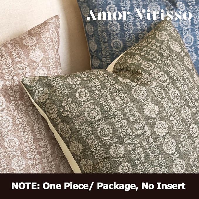 Amor Virisso Vintage Floral Throw Pillow Covers 24x24 Striped Farmhouse Block Print Pillow Cover Boho Neutral Decorative Pillows for Living Room Bed, Dusty Green