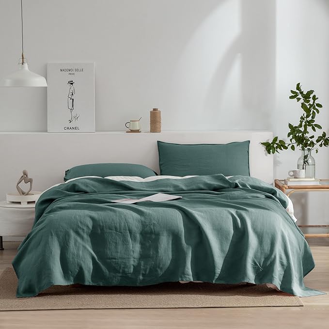 EVERLY Linen Sheets Queen Size,100% Stonewashed Pure French Linen16Inch Deep Pocket Sheets,4Pieces (1Flat Sheet,1Fitted Sheet,2Pillowcase) Natural Flax Soft and Breathable for Hot Sleepers-Aqua