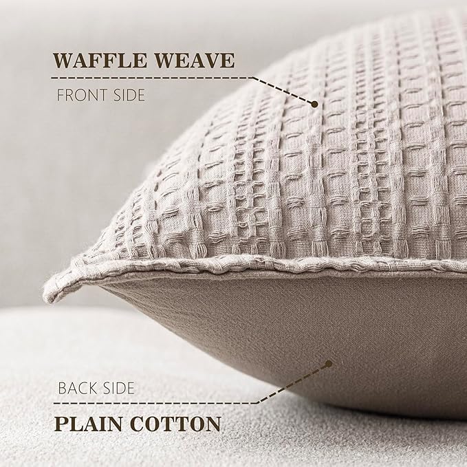Foindtower Set of 2 Decorative Cotton Waffle Weave Throw Pillow Covers Euro Shams Cushion Covers Accent European Pillowcase for Bed Couch Sofa Bedroom Living Room Home Decor 24×24 Inch Tan Beige