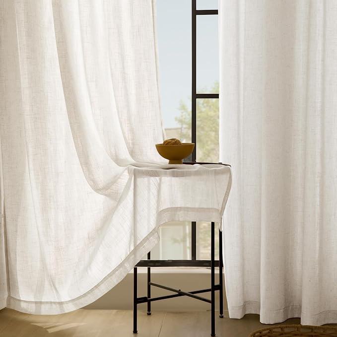 Cream Linen Curtains 72 inch Long 2 Panel Set for Living Room Back Tab Rod Pocket Semi Sheer Light Filtering Bedroom Window Curtain Modern Farmhouse Rustic Neutral Ivory Linen Drapes