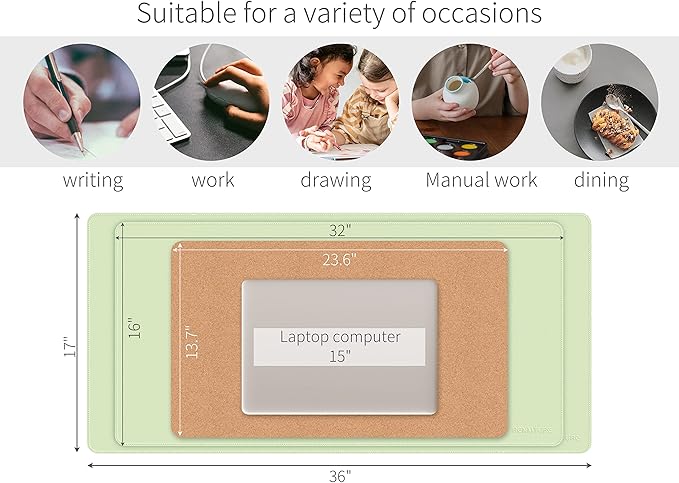RENMTURE Dual-Sided Mouse Pad, Natural Cork & PU Leather Large Desk Pad for Office and Home Work, Desk Protector Non-Slip, Waterproof, Easy Clean (Light Green, 36"x17")