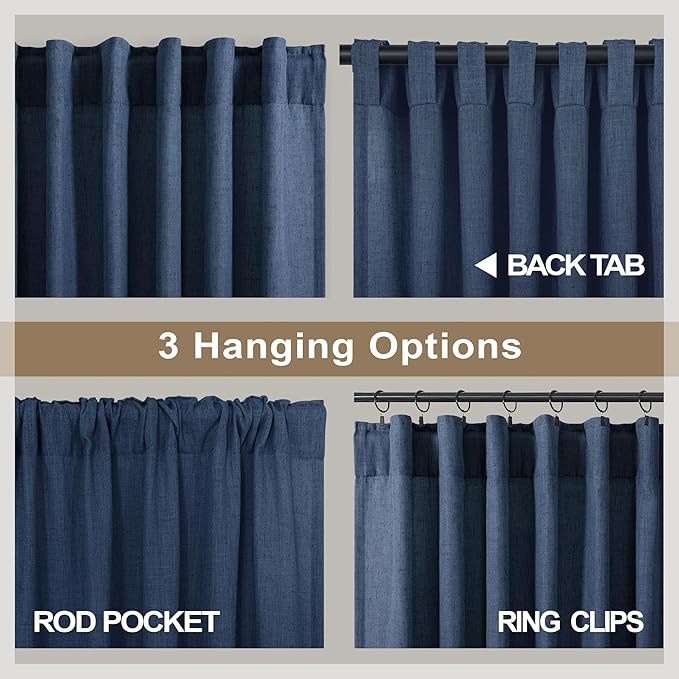 Navy Curtains 96 Inches Long for Kids Room 2 Panel Back Tab Pocket Drape Soft Cotton Textured Light Filtering Semi Privacy Sheer Dark Blue Linen Curtains for Living Room Boys Bedroom 52x96 Inch Length