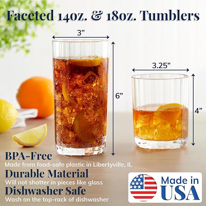 US Acrylic Faceted Clear Plastic Reusable Drinking Glasses Set of 8, 14oz Rocks and 18oz Water Tumblers, BPA-Free, Made in USA, Top-Rack Dishwasher Safe