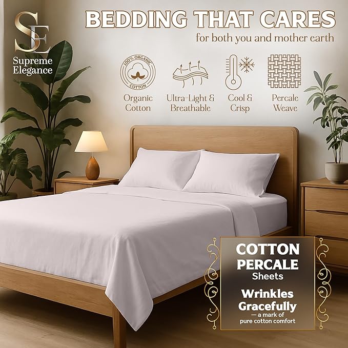 SUPREME ELEGANCE 4Pc 100% Organic Cotton King Size Sheets Set, Blush, Cooling Percale, Deep Pocket Fitted Sheet, Fits 16" Mattresses, Breathable Bed Sheets & Pillowcases, Crisp Bedding