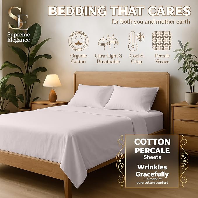SUPREME ELEGANCE 4Pc 100% Organic Cotton Queen Sheets Set, Blush, Cooling Percale, Deep Pocket Fitted Sheet, Fits 16" Mattresses, Breathable Bed Sheets & Pillowcases Set, Crisp Bedding
