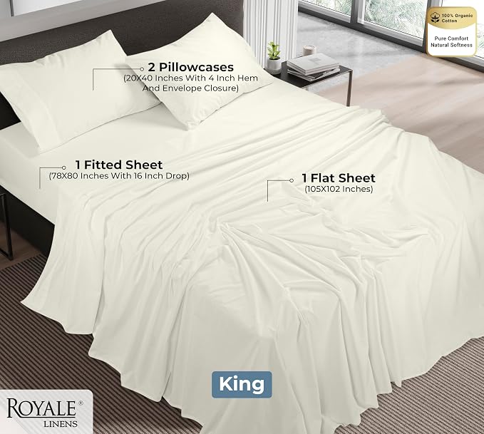 ROYALE LINENS 100% Organic Cotton King Sheet Set - Percale Weave - 4 Pieces Set - 1 Flat, 1 Deep Pocket Fitted Sheet and 2 Pillowcases - Ivory Bed Sheets - Sábanas King - Crisp Cool (Ivory)